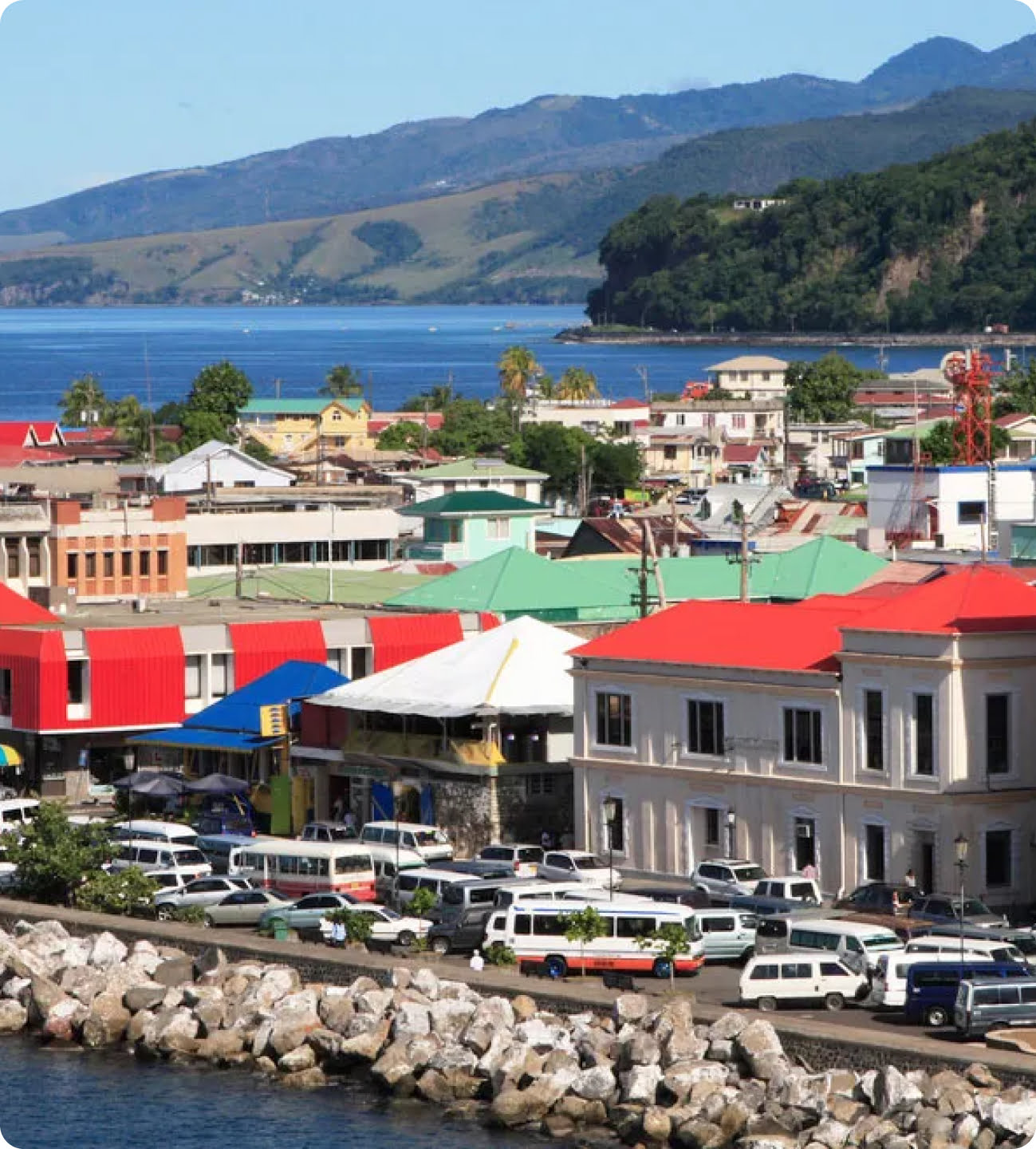 dominica buildings and cars