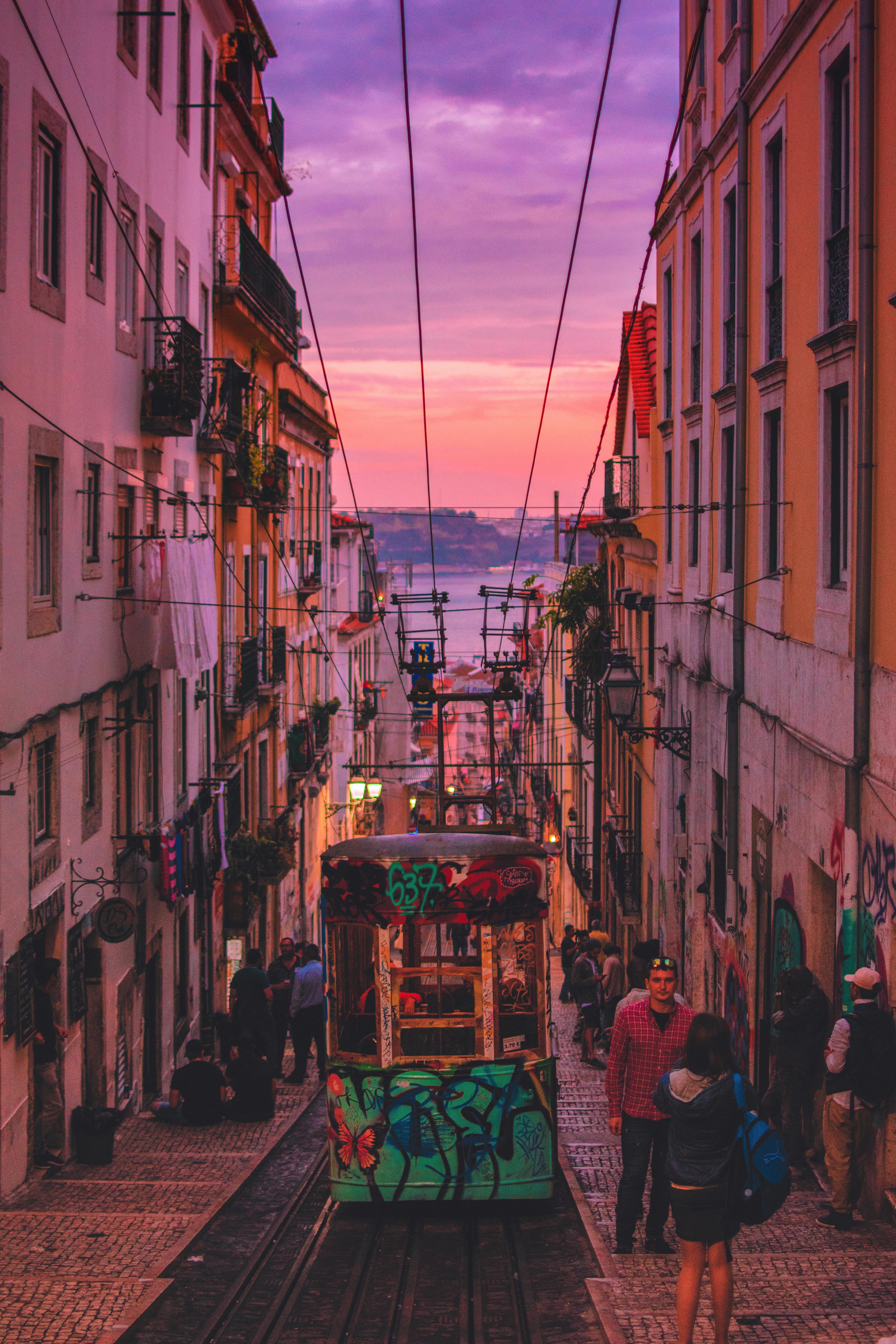 Elevador da Bica tram in Lisbon at sunset
