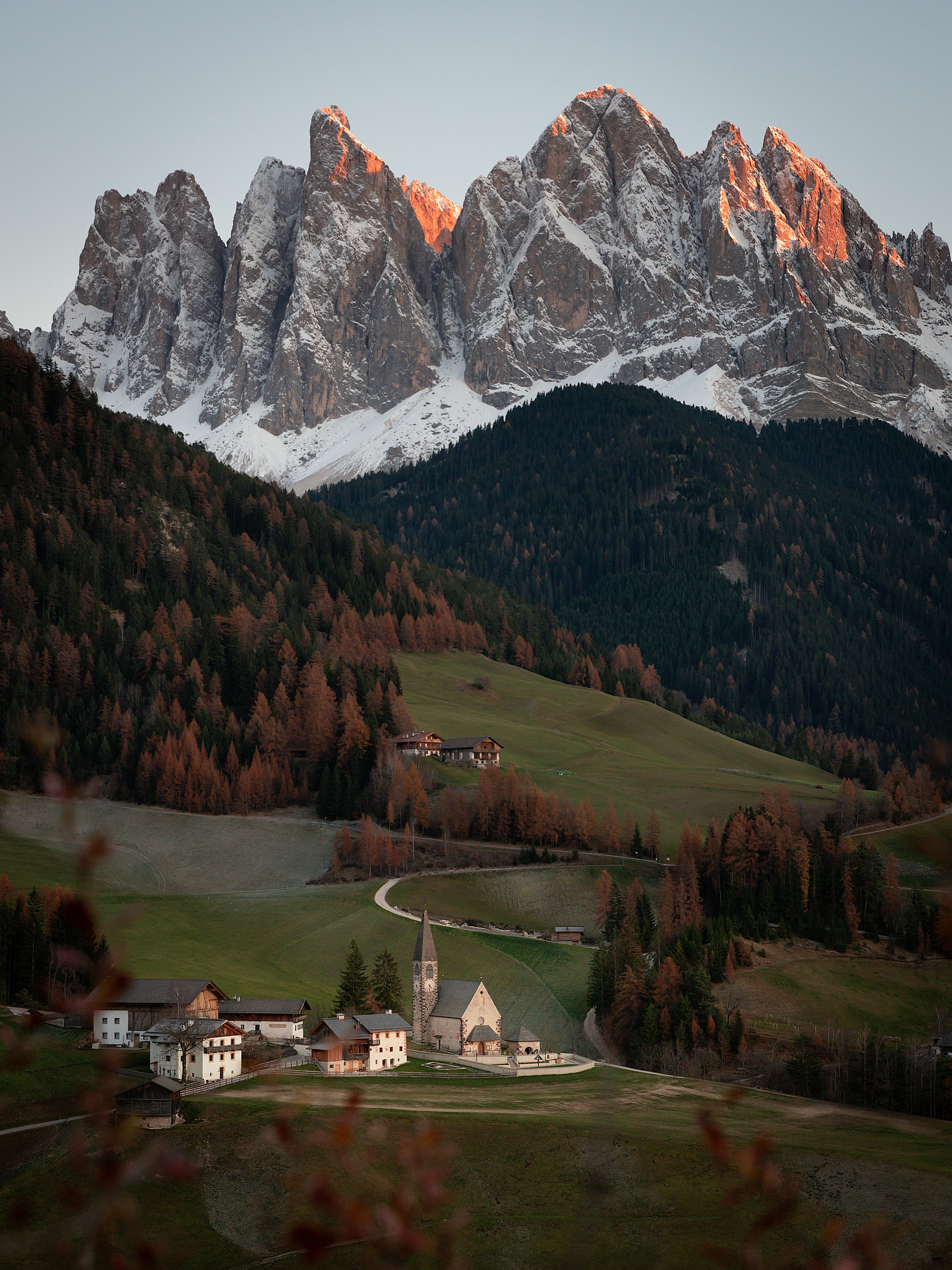 Dolomites mountain village in Italy at sunset